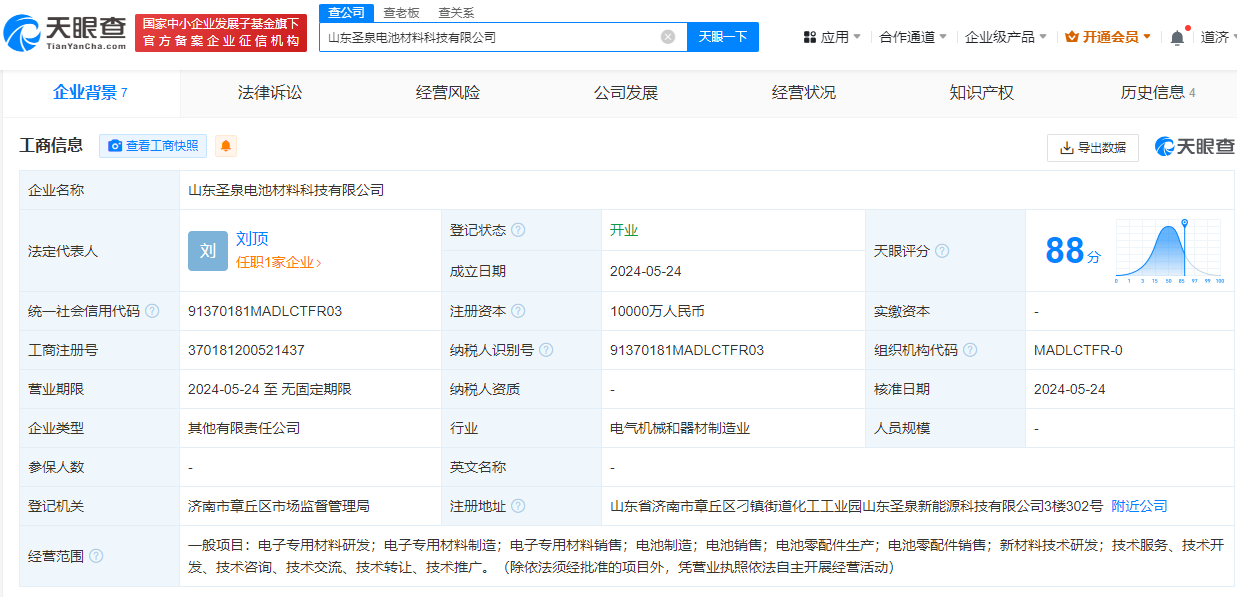 圣泉集团成立电池材料公司，注册资本1亿