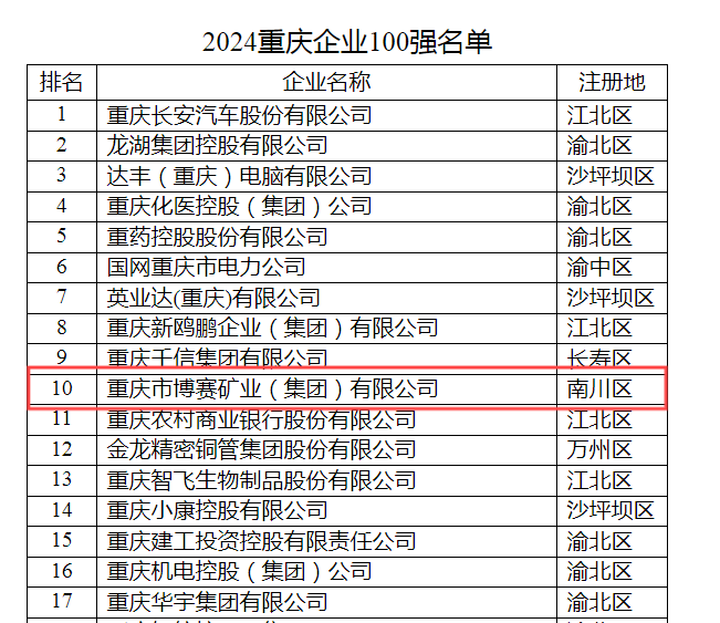 博赛集团荣登2024重庆企业10强等榜单