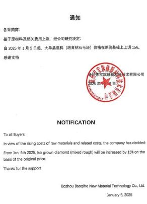 涨价 15%！又一培育钻石生产商发布涨价通知